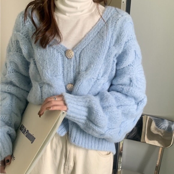 Cardigan sweater cable knit pink cream white womens button long sle… - Picture 12 of 16